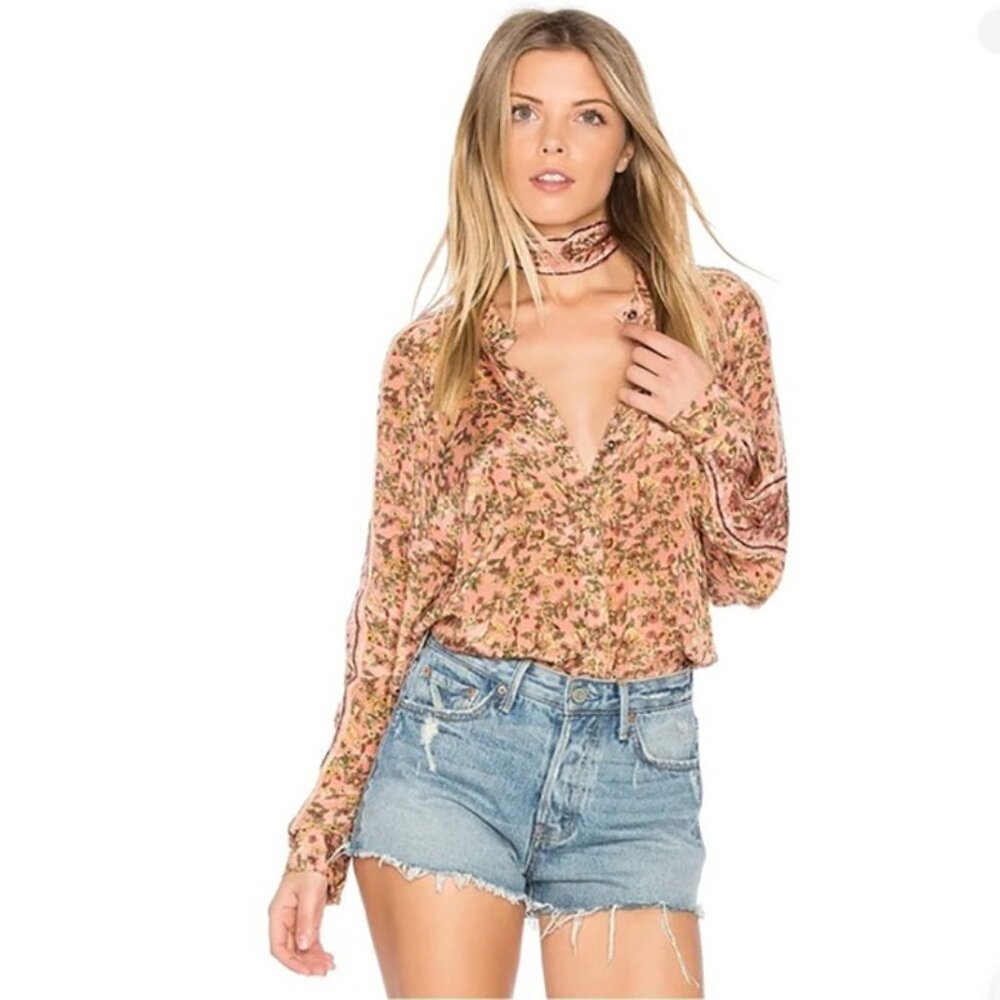 Free People Rose Retro Skyway Romance Drive-In Long Sleeves Snap Closure top M